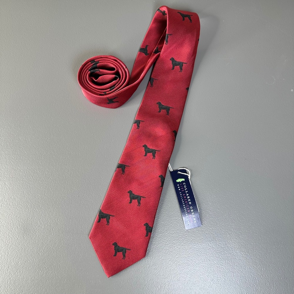 Collared‎ Greens Red Black Dog Pattern 100% Silk Tie USA Labrador Retriever